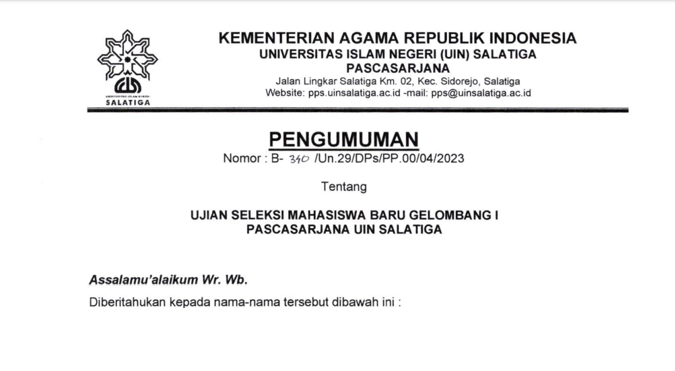 Pelaksanaan Ujian Seleksi PMB Gelombang I PASCASARJANA UIN SALATIGA